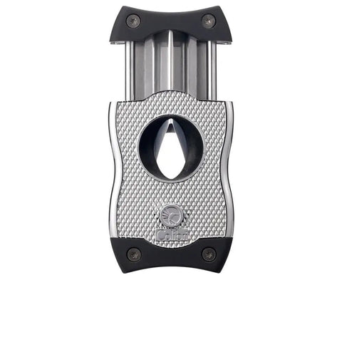 2 In 1 Cigar Cutter With V Cut And Straight Cut For Maximum Flavor Ergonomic Stainless Steel Design With Spring Loaded Blade Fits 60 Plus Ring Gauge Black And Chrome Finish A Must Have Gift For Cigar Enthusiasts close-up view