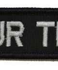 Customizable 3 Inch Wide By 1 Inch Tall Text Patch With Hook Fastener Back Black Not Sew On Ideal For Hats Bags Jackets And Backpacks Personalize Your Name Or Team Message In Bold Uppercase.