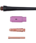 Solid Tig Welding Accessories Kit With Ceramic Nozzle Electrode Collet And Back Connector for 17 18 26 machines, featuring nozzle, collet, and connector.