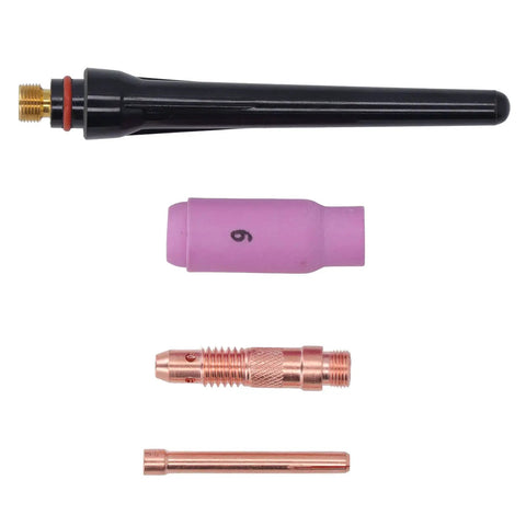 Solid Tig Welding Accessories Kit With Ceramic Nozzle Electrode Collet And Back Connector for 17 18 26 machines, featuring nozzle, collet, and connector.