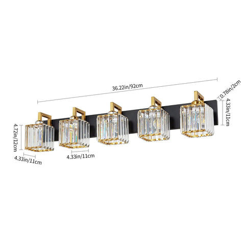Five Light Black Modern Crystal Vanity Wall Lamp For Bathroom Vanity Lighting with dimensions, front view, sleek design