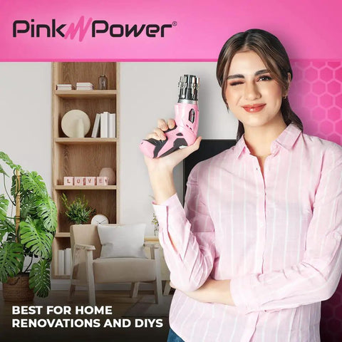 Woman holding Pink Cordless Electric Screwdriver Set Rechargeable For Women With LED Light Pivotal Handle in living room