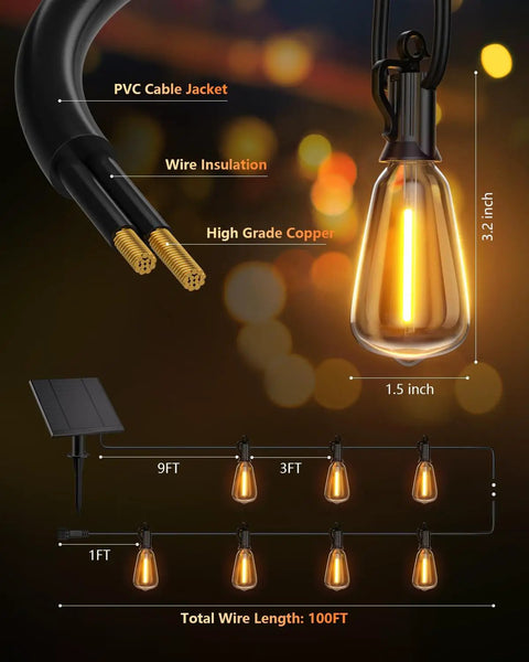 100 Feet Solar String Lights For Outdoor Use Waterproof With Remote Dimmable And Timable Three Lighting Modes 31 And 2 Shatterproof LEDs