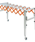 Heavy Duty Adjustable Conveyor Roller Table With Extendable Wheels For Mortising Machines And Planers, silver and orange frame