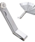 Feeler gauge tool with 16 curved stainless steel blades for woodworking measurement