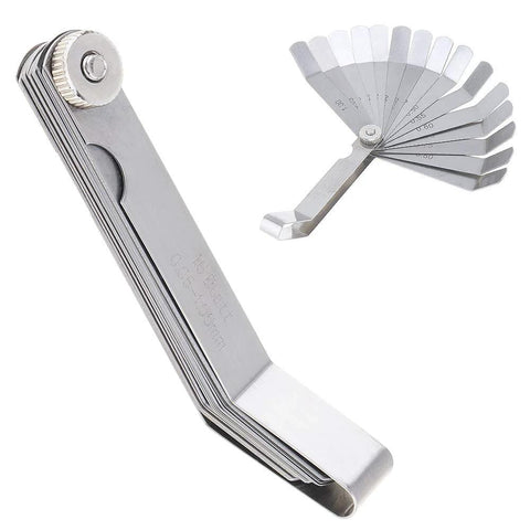 Feeler gauge tool with 16 curved stainless steel blades for woodworking measurement