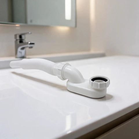 G1-1/2 Flat Bathtub Drain Pipe Kit Flexible Waste Pipe for Freestanding Tub Low Profile P-Trap White 92cm on countertop.