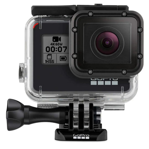 Super Suit Dive Housing For HERO7 HERO6 HERO5 Clear One Size With Two Waterproof Backdoors shown with camera attached