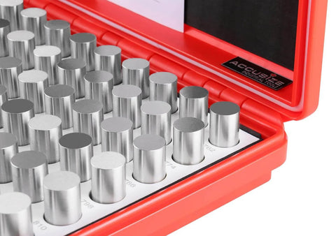Close-up of 82-Piece Steel Plug Pin Gauge Set, Class ZZ Tolerance, 0.751 To 0.832 Inch, in open red case for machining and metrology.