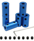 Pack Of Six 6Mm To 6Mm Bore Rigid Shaft Couplers In Blue Anodized Aluminum with M4 set screws and wrench for motor alignment.