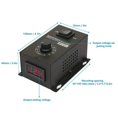 Front view of Beefy DC Motor Speed Controller For Power Projects 12V To 48V 40A PWM Brush Motor Governor with digital display and dial knob.