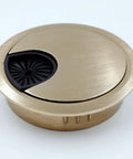 Slick Brushed Gold Desk Grommet Pack Of Two With No Fuss Cable Routing And Smooth Removable Lids For Heavy Duty Wire Organization In Your Clean Home Office Setup, close-up view of grommet.