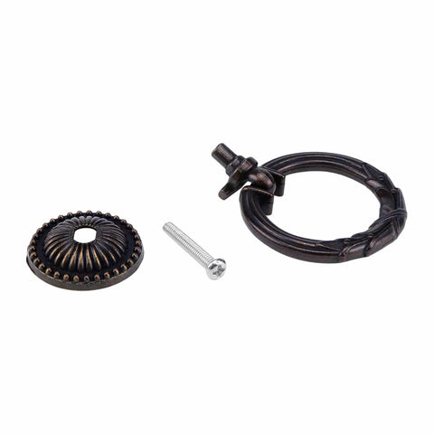 Two Pack Old School Antique Cabinet Ring Pulls Built From Zinc Alloy Durable Vintage Drawer Handles For Cabinets And Dressers Doors And Drawers Includes 2.36x1.89 Inch Size And 0.98 Inch Screw Length, shown disassembled with round base, ring, and screw.