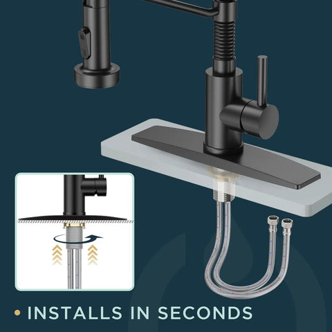Installation of Black Kitchen Faucet With Pull Down Sprayer, Single Handle Sink Faucet, Matte Black Stainless Steel, deck plate view