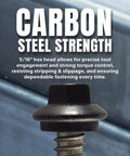 Close-up of black finish lap stitch roofing screw with EPDM washer, 5/16 hex head for metal roofs and siding installation.