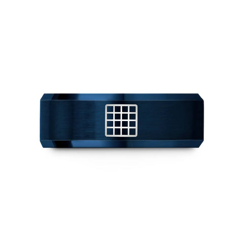 Slick Cartesian Grid Design Dope Blue Plated Tungsten Carbide Wedding Ring top view featuring grid detail, size 8.5.