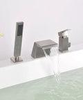 Roman Tub Faucet With Sprayer And Hand Shower Deck Mount 3 Hole Brushed Nickel Finish Wide 4 Inch Waterfall Spout visible