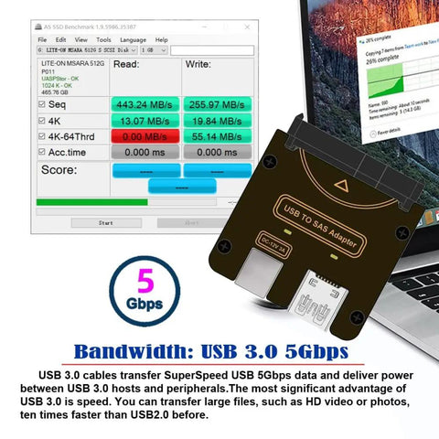 SAS To USB 3.0 Hard Drive Adapter With Built-In Chipset, 29Pin SFF-8482 To 5Gbps USB 3.0, Power Port, No RAID Card Needed, Easy Plug-And-Play Access For SAS Drives, Requires 12V/3A Power Supply.