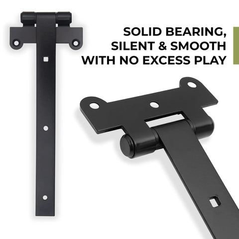 Close-up of 12 Inch Black Door Hinges Set For Gates And Barn Doors Includes 12 Mounting Screws And 2 Hinges Tough As Nails Heavy Duty 4mm Iron With Black Powder Coat Ideal For Sheds Fences And Outdoor Use.