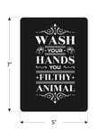 Custom Acrylic Sign 5x7 Inches For Indoor Use With Stand Personalized Logo And Text, black background with white 'Wash Your Hands' message.