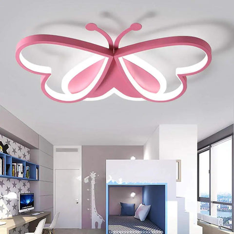 Dope Butterfly Dimmable LED Flush Mount Ceiling Light For Kids Room with Remote in pink, metal and acrylic fixture, room view