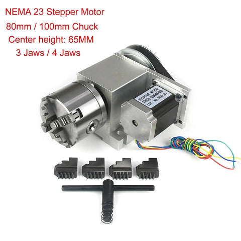 Top Shelf Heavy Duty 4th Axis Rotary CNC Indexing Head With Smooth A Axis Action And 65mm Center Height For 80mm Or 100mm 3 Jaw 4 Jaw Chucks Knockout Milling Workhorse with NEMA 23 stepper motor.