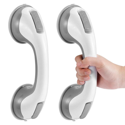 Hand holding 12 Inch Suction Cup Grab Bars For Bathtub And Shower, Heavy Duty No Slip Bathroom Safety Bar For Seniors And Handicap, Easy Install Tub Handles, Strong Grip With Stable Suction, 2 Pack.