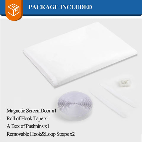 Package contents for Hands-Free Magnetic Door Screen For 36x80 Inch Doors Tear-Resistant High-Density Fiber Mesh, white roll and accessories