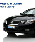 Unbreakable License Plate Covers with Screws in use on a black car, showcasing Impact Resistant ABS Front and Rear Protectors
