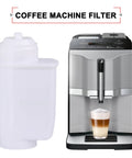 8 Pack Replacement Water Filters For Siemens Eq Series And Bosch Vero Coffee Machines With Premium Activated Carbon For Straight Up Fresh Brews Total Zero Drama next to coffee machine brewing a latte.