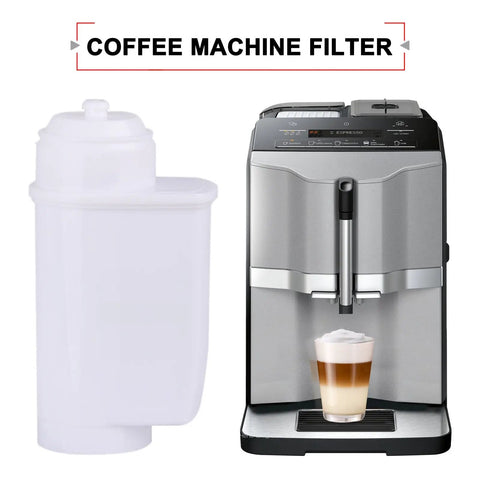 8 Pack Replacement Water Filters For Siemens Eq Series And Bosch Vero Coffee Machines With Premium Activated Carbon For Straight Up Fresh Brews Total Zero Drama next to coffee machine brewing a latte.