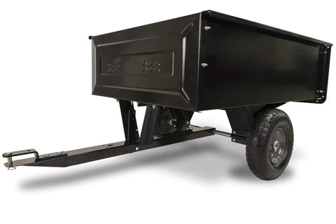 Heavy Duty Steel Tow Behind Dump Cart With 350 Pound Capacity 10 Cubic Feet Bed Removable Tailgate Quick Dump Lever Garden Utility Trailer Black Finish