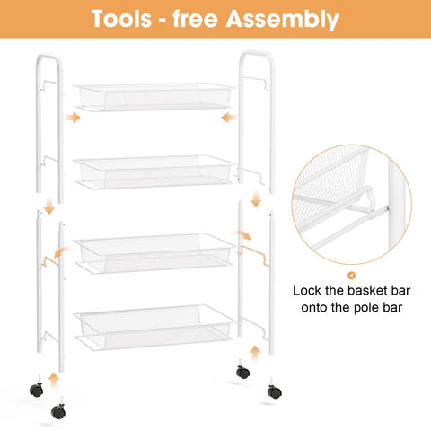 Illustration of assembling a Four Tier Rolling Metal Cart With Three Hooks, Easy Assembly Mobile Storage Trolley On Wheels.