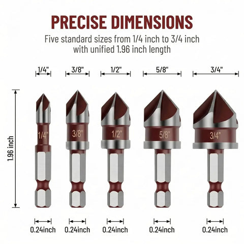 Product image of Premium Countersink Drill Bit Set With 82 Degree, Five Flutes, Quick Change Hex Shank in sizes 1/4 to 3/4 inch