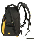 Side view of LED Light Tool Backpack With 57 Pockets Black And Yellow Three Light Settings Up To 39 Lumens Heavy Duty Comfort Carry