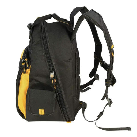 Side view of LED Light Tool Backpack With 57 Pockets Black And Yellow Three Light Settings Up To 39 Lumens Heavy Duty Comfort Carry