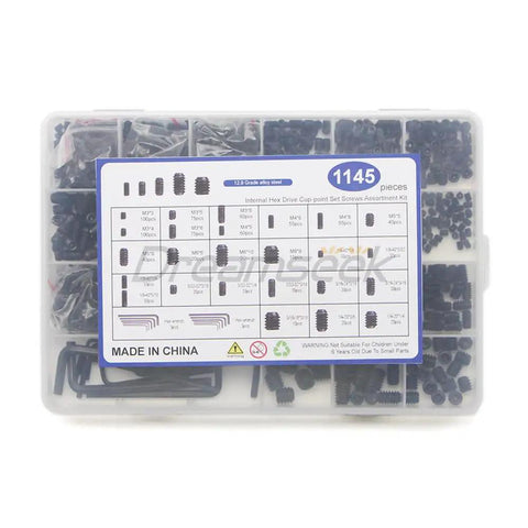 Screw Assortment Kit With Hex Drive Cup Point Grub Screws 1145-Piece SAE And Metric Set Includes Custom Hex Keys And Tweezers For Home Repairs, DIY Projects, And Handy Fixes. plastic organizer box with assorted black steel hex drive screws