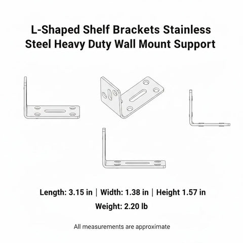 Dimensions and outline of Sturdy 3.15 Inch Stainless Steel L Shaped Bracket Wall Mount for Floating Shelves Heavy Duty Right Angle Support.