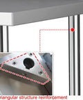 Close-up of triangular reinforcement on legs of Badass Heavy Duty Stainless Steel Work Table With Open Storage Rack And Adjustable Legs.