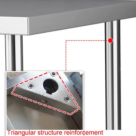 Close-up of triangular reinforcement on legs of Badass Heavy Duty Stainless Steel Work Table With Open Storage Rack And Adjustable Legs.