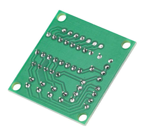 Back view of green ULN2003 driver board for 28BYJ-48 5V stepper motor; four mounting holes visible.