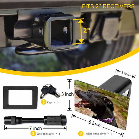 Personalized Hitch Cover For 2 Inch Receivers With Custom Photo And Text Heavy Duty Steel Trailer Plug Cover For Trucks SUVs And Pickups Make It Yours With Your Own Image Or Message, showing size and components