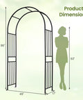 Heavy Duty 86 Inch Steel Garden Arch Pergola Arbor with ground stakes shown with dimensions against silhouette.