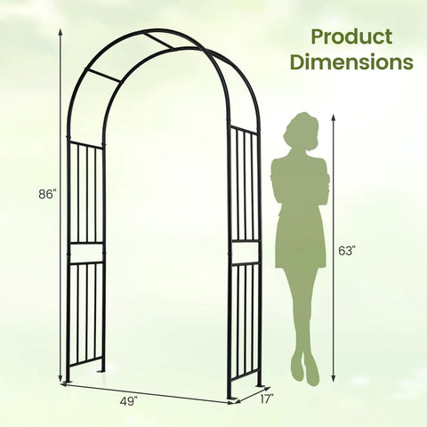 Heavy Duty 86 Inch Steel Garden Arch Pergola Arbor with ground stakes shown with dimensions against silhouette.