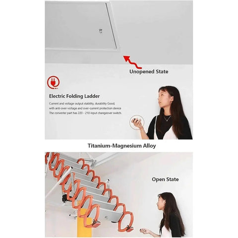 Effortless Reach Up Without The Hassle Solid Titanium Build Retractable Electric Attic Ladder Space Saving Telescoping Loft Staircase Heavy Duty Folding Access For Crawl Spaces 80X120 Cm in opened state, showcasing the titanium-magnesium alloy design.