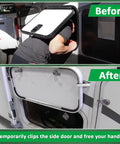 Two Pack Stainless Steel RV Door Clips Latch Holders installed on camper, showing before and after use with door open and secure.