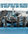 Backup draw studs in Heavy Duty Hydraulic Knockout Punch Kit for Electrical Conduit Holes, 4 Inch Size, 13 Ton Power, 10 Die Set.