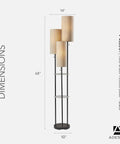 Three Light Floor Lamp With Pull Chain Operation, Two-Tier Storage, Black Base And Brown Textured Fabric Shades, 68 Inches Tall