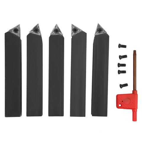 Amazon 5-piece carbide turning tool set with indexable cutters and 60°/75°/90° tips; includes screws.