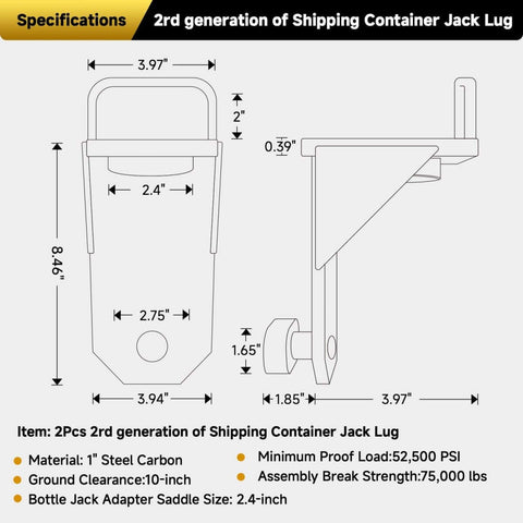 Diagram showing dimensions of Two Pack Shipping Container Jack Lug Booster Lifter Leveler Kit for container homes and storage projects.